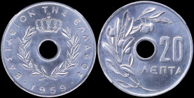 GREECE: 20 Lepta (1959) in aluminium with Royal Crown and inscription "ΒΑΣΙΛΕΙΟΝ ΤΗΣ ΕΛΛΑΔΟΣ". Inside slab by NGC "MS 66". Cert number: 5773677-007. (...