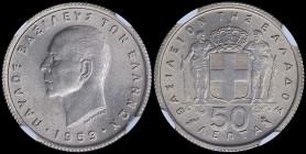 GREECE: 50 Lepta (1959) in copper-nickel with head of King Paul facing left and inscription "ΠΑΥΛΟΣ ΒΑΣΙΛΕΥΣ ΤΩΝ ΕΛΛΗΝΩΝ". Inside slab by NGC "MS 64"....