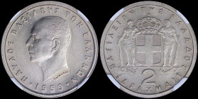 GREECE: 2 Drachmas (1959) in copper-nickel with head of King Paul facing left and inscription "ΠΑΥΛΟΣ ΒΑΣΙΛΕΥΣ ΤΩΝ ΕΛΛΗΝΩΝ". Inside slab by NGC "MS 65...