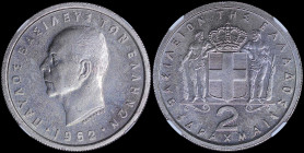GREECE: 2 Drachmas (1962) in copper-nickel with head of King Paul facing left and inscription "ΠΑΥΛΟΣ ΒΑΣΙΛΕΥΣ ΤΩΝ ΕΛΛΗΝΩΝ". Inside slab by NGC "MS 65...