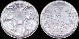 GREECE: 30 Drachmas (1963) in silver (0,835) commemorating the Dynasty with Royal Coat of Arms and five heads of the Kings of the Dynasty. Inside slab...