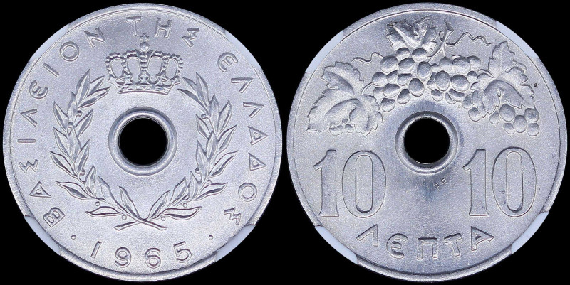 GREECE: 10 Lepta (1965) in copper-nickel with Royal Crown and inscription "ΒΑΣΙΛ...