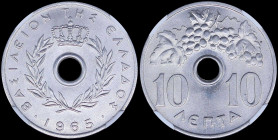 GREECE: 10 Lepta (1965) in copper-nickel with Royal Crown and inscription "ΒΑΣΙΛΕΙΟΝ ΤΗΣ ΕΛΛΑΔΟΣ". Inside slab by NGC "MS 68". Top pop in both compani...