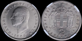 GREECE: 2 Drachmas (1965) in copper-nickel with head of King Paul facing left and inscription "ΠΑΥΛΟΣ ΒΑΣΙΛΕΥΣ ΤΩΝ ΕΛΛΗΝΩΝ". Inside slab by NGC "MS 68...