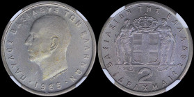 GREECE: 2 Drachmas (1965) in copper-nickel with head of King Paul facing left and inscription "ΠΑΥΛΟΣ ΒΑΣΙΛΕΥΣ ΤΩΝ ΕΛΛΗΝΩΝ". Inside slab by NGC "MS 64...