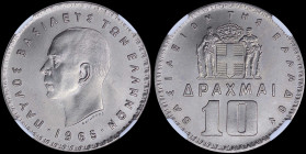GREECE: 10 Drachmas (1965) in nickel with head of King Paul facing left and inscription "ΠΑΥΛΟΣ ΒΑΣΙΛΕΥΣ ΤΩΝ ΕΛΛΗΝΩΝ". Inside slab by NGC "MS 67". Top...