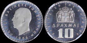 GREECE: 10 Drachmas (1965) in nickel with head of King Paul facing left and inscription "ΠΑΥΛΟΣ ΒΑΣΙΛΕΥΣ ΤΩΝ ΕΛΛΗΝΩΝ". Inside slab by NGC "PF 67 CAMEO...