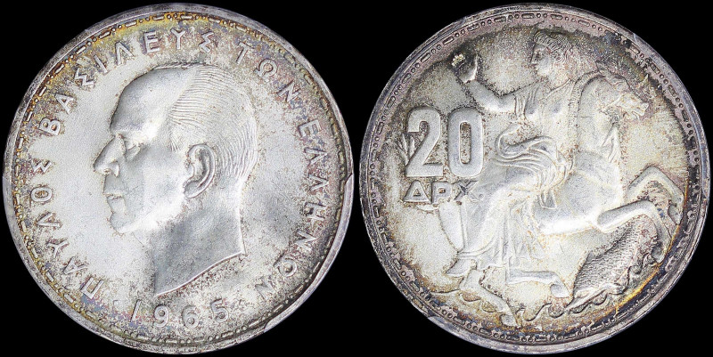 GREECE: 20 Drachmas (1965) in silver with head of King Paul facing left and insc...