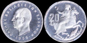GREECE: 20 Drachmas (1965) in silver with head of King Paul facing left and inscription "ΠΑΥΛΟΣ ΒΑΣΙΛΕΥΣ ΤΩΝ ΕΛΛΗΝΩΝ". Personification of Goddess Moon...