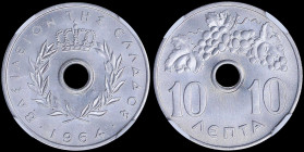 GREECE: 10 Lepta (1964) in aluminium with Royal Crown and inscription "ΒΑΣΙΛΕΙΟΝ ΤΗΣ ΕΛΛΑΔΟΣ". Inside slab by NGC "MS 67". Cert number: 3934615-123. (...