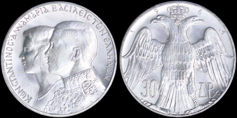 GREECE: 30 Drachmas (1964) in silver with conjoined busts of King Constantine II...