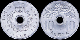 GREECE: 10 Lepta (1966) in aluminium with Royal Crown and inscription "ΒΑΣΙΛΕΙΟΝ ΤΗΣ ΕΛΛΑΔΟΣ". Inside slab by PCGS "MS 66". Cert number: 41753660. (He...