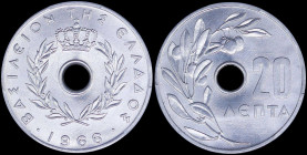 GREECE: 20 Lepta (1966) (type I) in aluminum with Royal Crown and inscription "ΒΑΣΙΛΕΙΟΝ ΤΗΣ ΕΛΛΑΔΟΣ". Inside slab by PCGS "MS 67". Cert number: 41753...