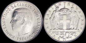 GREECE: 50 Lepta (1966) (type I) in copper-nickel with head of King Constantine II facing left and inscription "ΚΩΝCΤΑΝΤΙΝΟC ΒΑCΙΛΕΥC ΤΩΝ ΕΛΛΗΝΩΝ". In...