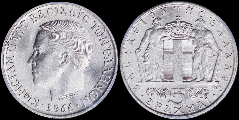 GREECE: 5 Drachmas (1966) (type I) in copper-nickel with head of King Constantin...