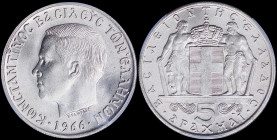 GREECE: 5 Drachmas (1966) (type I) in copper-nickel with head of King Constantine II facing left and inscription "ΚΩΝCΤΑΝΤΙΝΟC ΒΑCΙΛΕΥC ΤΩΝ ΕΛΛΗΝΩΝ". ...