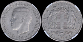 GREECE: 5 Drachmas (1966) (type I) in copper-nickel with head of King Constantine II facing left and inscription "ΚΩΝCΤΑΝΤΙΝΟC ΒΑCΙΛΕΥC ΤΩΝ ΕΛΛΗΝΩΝ". ...