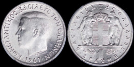 GREECE: 1 Drachma (1967) (type I) in copper-nickel with head of King Constantine II facing left and inscription "ΚΩΝCΤΑΝΤΙΝΟC ΒΑCΙΛΕΥC ΤΩΝ ΕΛΛΗΝΩΝ". I...