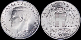 GREECE: 2 Drachmas (1967) (type I) in copper-nickel with head of King Constantine II facing left and inscription "ΚΩΝCΤΑΝΤΙΝΟC ΒΑCΙΛΕΥC ΤΩΝ ΕΛΛΗΝΩΝ". ...