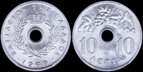 GREECE: 10 Lepta (1969) (type I) in aluminium with Royal Crown and inscription "ΒΑΣΙΛΕΙΟΝ ΤΗΣ ΕΛΛΑΔΟΣ". Inside slab by PCGS "MS 66". Cert number: 4175...