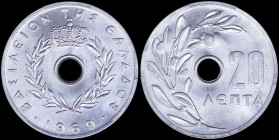 GREECE: 20 Lepta (1969) (type I) in aluminum with Royal Crown and inscription "ΒΑΣΙΛΕΙΟΝ ΤΗΣ ΕΛΛΑΔΟΣ". Inside slab by PCGS "MS 67". Cert number: 41753...