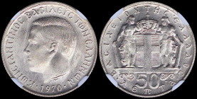 GREECE: 50 Lepta (1970) (type I) in copper-nickel with head of King Constantine II facing left and inscription "ΚΩΝCΤΑΝΤΙΝΟC ΒΑCΙΛΕΥC ΤΩΝ ΕΛΛΗΝΩΝ". In...