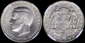 GREECE: 1 Drachma (1970) (type I) in copper-nickel with head of King Constantine facing left and inscription "ΚΩΝCΤΑΝΤΙΝΟC ΒΑCΙΛΕΥC ΤΩΝ ΕΛΛΗΝΩΝ". Insi...