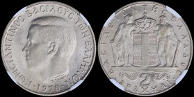 GREECE: 2 Drachmas (1970) (type I) in copper-nickel with head of King Constantine II facing left and inscription "ΚΩΝCΤΑΝΤΙΝΟC ΒΑCΙΛΕΥC ΤΩΝ ΕΛΛΗΝΩΝ". ...