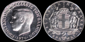 GREECE: 2 Drachmas (1970) (type I) pattern coin in copper-nickel with head of King Constantine II facing left and inscription "ΚΩΝCΤΑΝΤΙΝΟC ΒΑCΙΛΕΥC Τ...