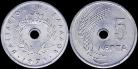 GREECE: 5 Lepta (1971) in aluminum with Royal Crown and inscription "ΒΑΣΙΛΕΙΟΝ ΤΗΣ ΕΛΛΑΔΟΣ". Inside slab by PCGS "MS 67". Cert number: 41753662. (Hell...