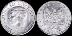 GREECE: 2 Drachmas (1973) (type II) in copper-nickel with head of King Constantine II facing left and inscription "ΚΩΝCΤΑΝΤΙΝΟC ΒΑCΙΛΕΥC ΤΩΝ ΕΛΛΗΝΩΝ"....