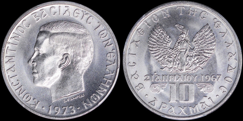 GREECE: 10 Drachmas (1973) (type II) in copper-nickel with head of King Constant...