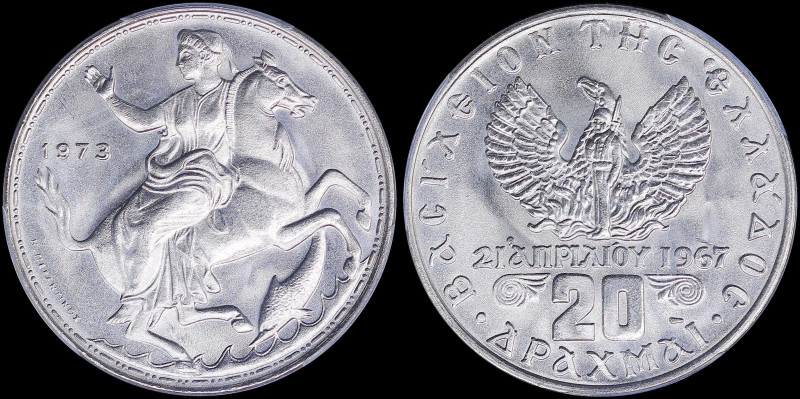 GREECE: 20 Drachmas (1973) in copper-nickel with Goddess Moon riding a horse ris...