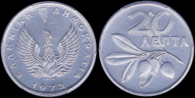 GREECE: 20 Lepta (1973) in aluminium with phoenix and inscription "ΕΛΛΗΝΙΚΗ ΔΗΜΟΚΡΑΤΙΑ". Inside slab by PCGS "MS 68". Cert number: 42446499. Top pop i...