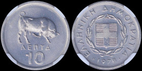 GREECE: 10 Lepta (1978) in aluminum with national Arms and inscription "ΕΛΛΗΝΙΚΗ ΔΗΜΟΚΡΑΤΙΑ". Bull on reverse. Inside slab by NGC "MS 67". Cert number...