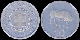 GREECE: 10 Lepta (1978) in aluminum with national Arms and inscription "ΕΛΛΗΝΙΚΗ ΔΗΜΟΚΡΑΤΙΑ". Bull on reverse. Inside slab by NGC "PF 64". Cert number...
