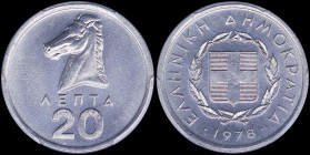 GREECE: 20 Lepta (1978) in aluminum with national Arms and inscription "ΕΛΛΗΝΙΚΗ ΔΗΜΟΚΡΑΤΙΑ". Horse head on reverse. Inside slab by PCGS "MS 67". Cert...