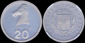 GREECE: 20 Lepta (1978) in aluminum with national Arms and inscription "ΕΛΛΗΝΙΚΗ ΔΗΜΟΚΡΑΤΙΑ". Horse head on reverse. Inside slab by NGC "PF 65". Cert ...