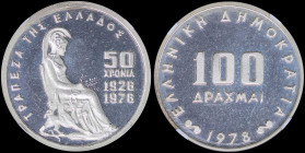 GREECE: 100 Drachmas (1978) in silver (0,650) commemorating the 50th Anniversary of Bank of Greece. Inside slab by NGC "PF 66 ULTRA CAMEO / BANK OF GR...