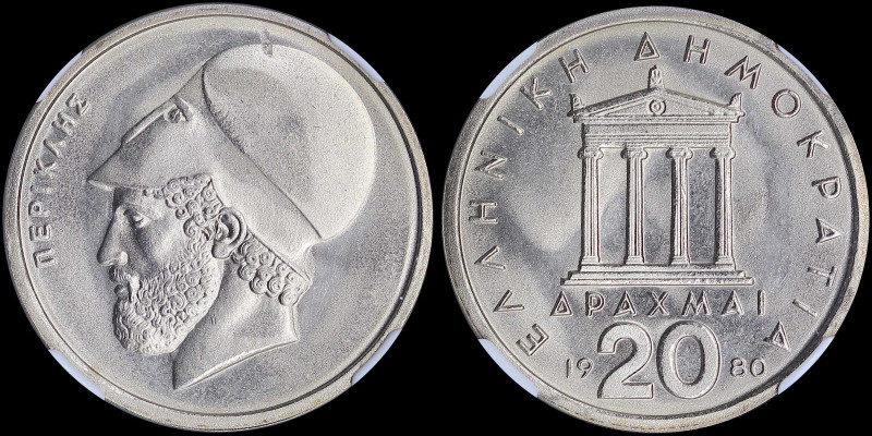 GREECE: 20 Drachmas (1980) (type I) in copper-nickel with temple of Apteros Nike...