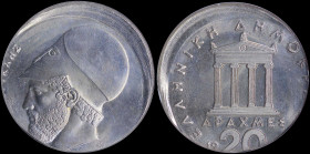 GREECE: 20 Drachmas (1982-88) (type Ia) in copper-nickel with temple of Apteros Nike at center and inscription "ΕΛΛΗΝΙΚΗ ΔΗΜΟΚΡΑΤΙΑ". Head of Demokrit...