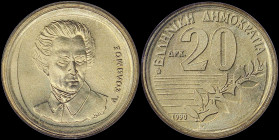 GREECE: 20 Drachmas (1990) (type II) in copper-aluminum with value and inscription "ΕΛΛΗΝΙΚΗ ΔΗΜΟΚΡΑΤΙΑ". Bust of Dionysios Solomos facing on reverse....