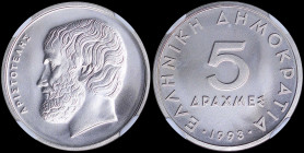 GREECE: 5 Drachmas (1993) in copper-nickel with value at center and inscription "ΕΛΛΗΝΙΚΗ ΔΗΜΟΚΡΑΤΙΑ". Head of Aristotle facing left on reverse. Insid...