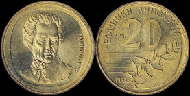 GREECE: 20 Drachmas (1994) (type II) in copper-aluminum with value and inscription "ΕΛΛΗΝΙΚΗ ΔΗΜΟΚΡΑΤΙΑ". Bust of Dionysios Solomos facing on reverse....
