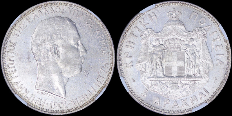 GREECE: 5 Drachmas (1901) in silver (0,900) with head of Prince George facing ri...