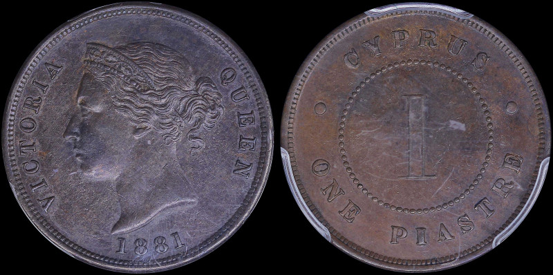 CYPRUS: 1 Piastre (1881) in bronze with crowned head of Queen Victoria facing le...