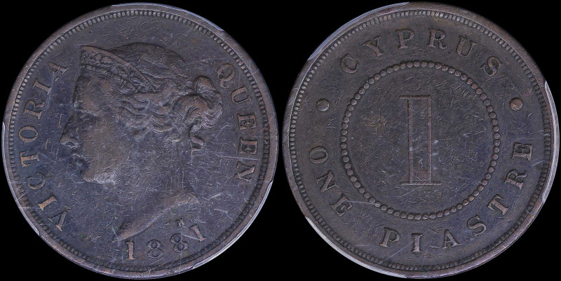 CYPRUS: 1 Piastre (1881 H) in bronze with crowned head of Queen Victoria facing ...