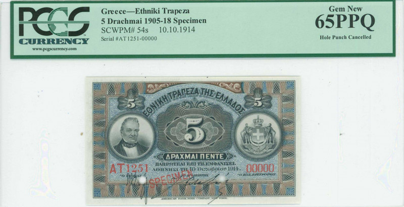 GREECE: Specimen of 5 Drachmas (10.10.1914) in black on blue and brown unpt with...