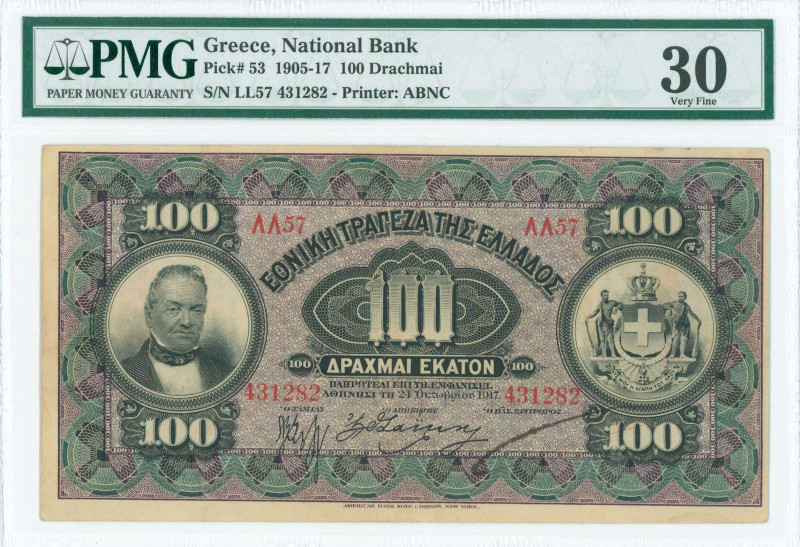 GREECE: 100 Drachmas (24.10.1917) in black on purple and green unpt with portrai...