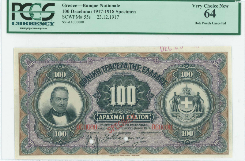 GREECE: Specimen of 100 Drachmas (23.12.1917) in black on purple and green unpt ...